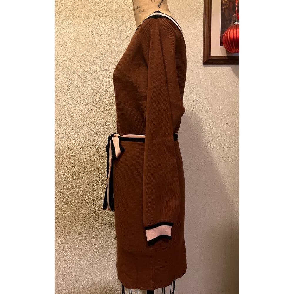 Off the Shoulder Boat Neck Contrast Long Sleeve Knit Belted Sweater Dress Size M - Picture 8 of 14